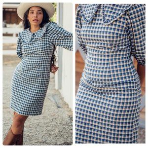 JessaKae Jessy Jane Dress Womens Large White Blue Check Collared Puff Sleeves